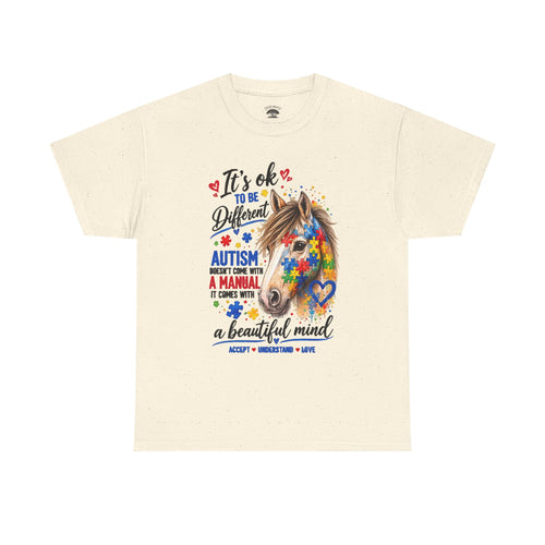 Autism Awareness Horse T-Shirt — "It's OK to Be Different" Puzzle Heart Tee