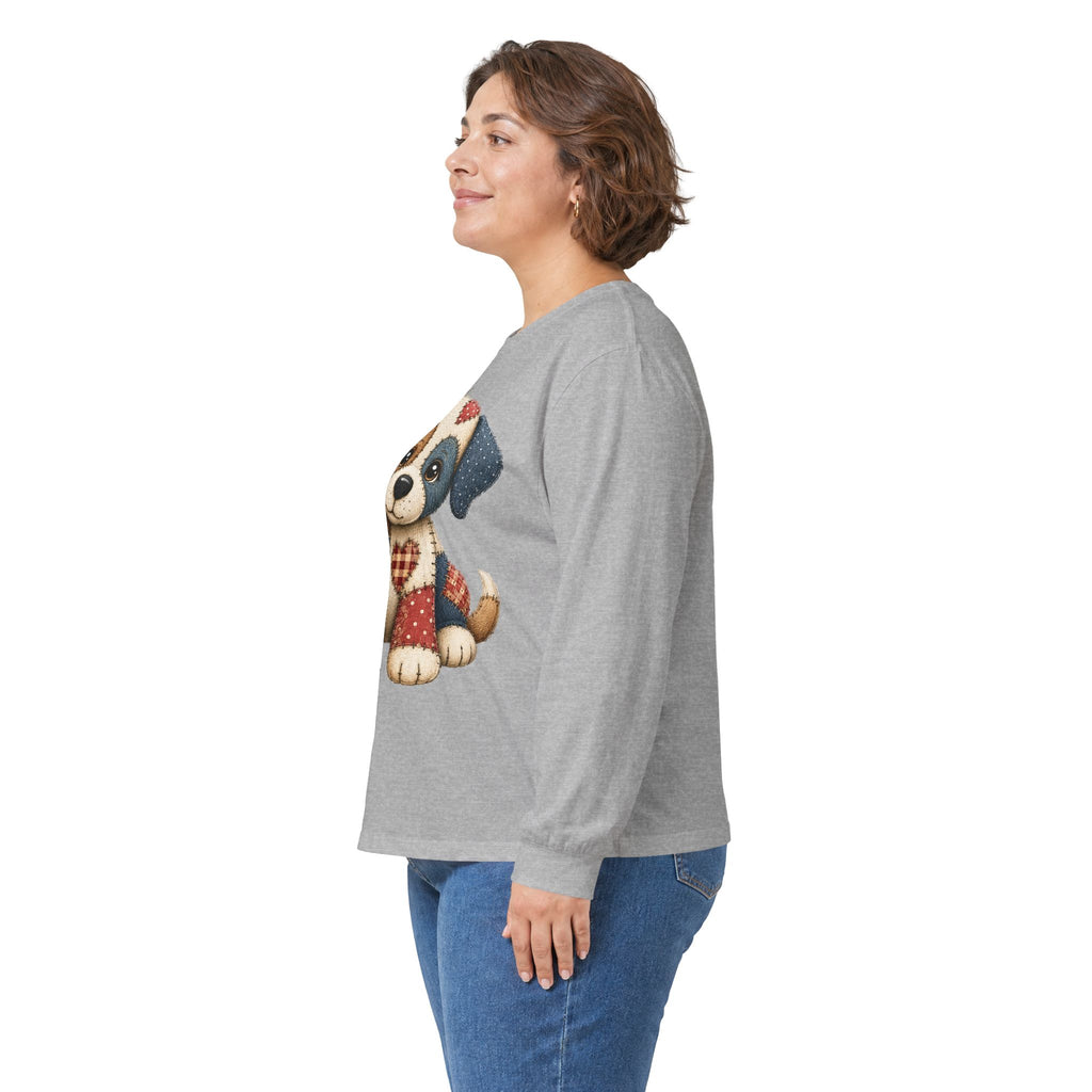 Cute Patchwork Puppy Long Sleeve Tee — Adorable Valentine Dog Graphic Shirt