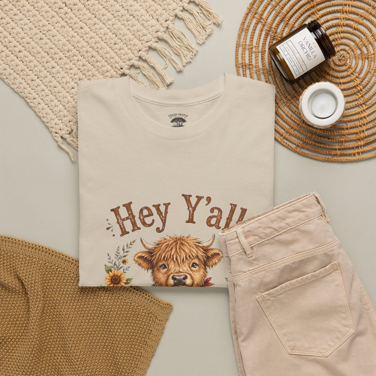 Hey Y'all Highland Cow T-Shirt — Cute Farmhouse Sunflower Graphic Tee