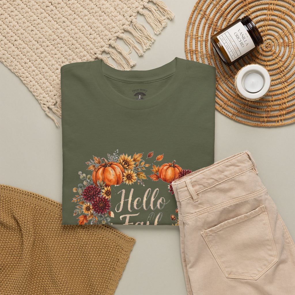 Hello Fall Watercolor T-Shirt — Fall Pumpkins & Sunflowers Graphic Tee