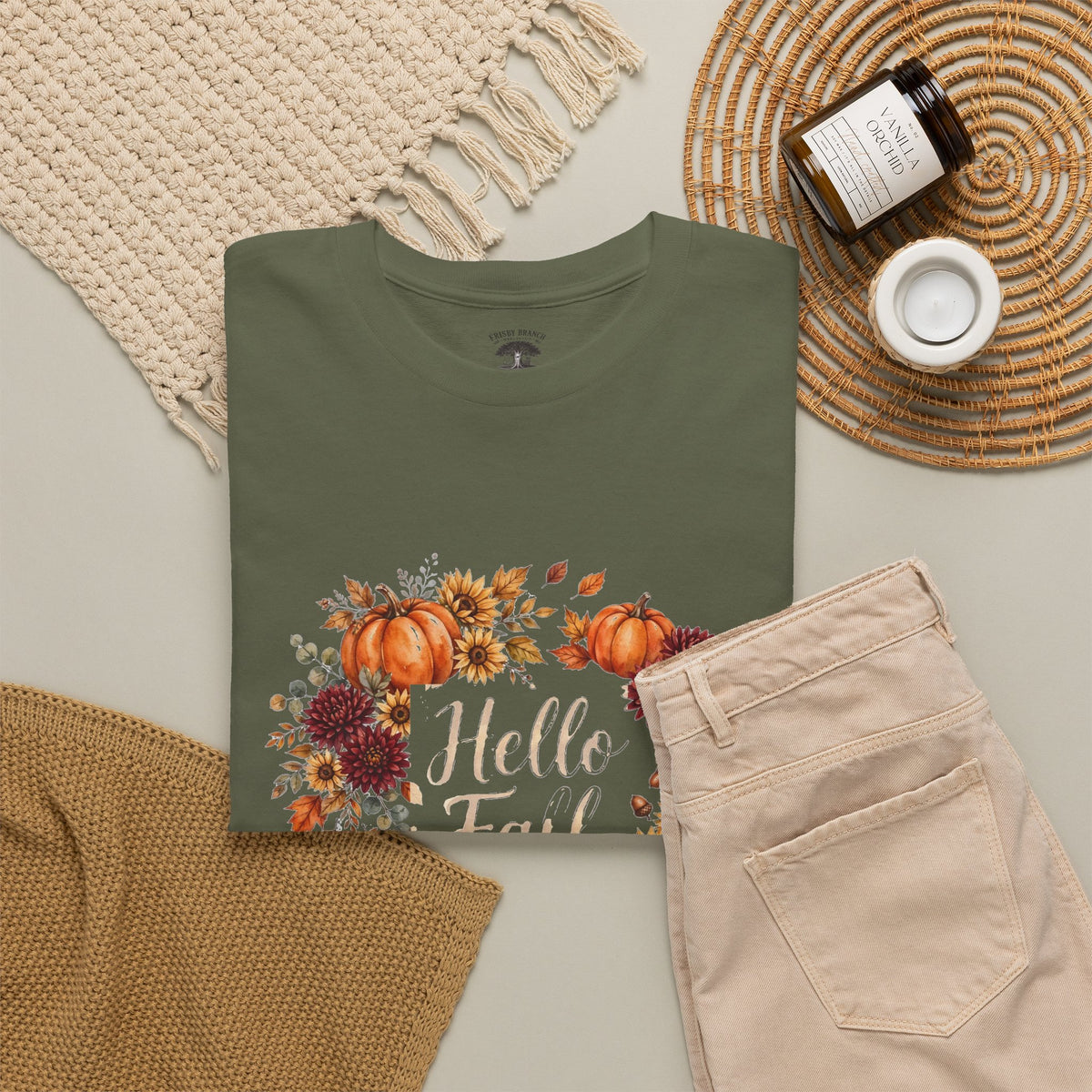 Hello Fall Watercolor T-Shirt — Fall Pumpkins & Sunflowers Graphic Tee