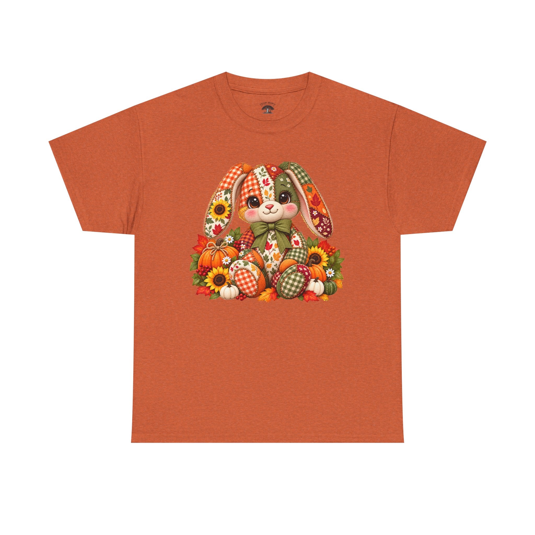Autumn Patchwork Bunny T-Shirt — Cute Fall Bunny with Pumpkins & Sunflowers