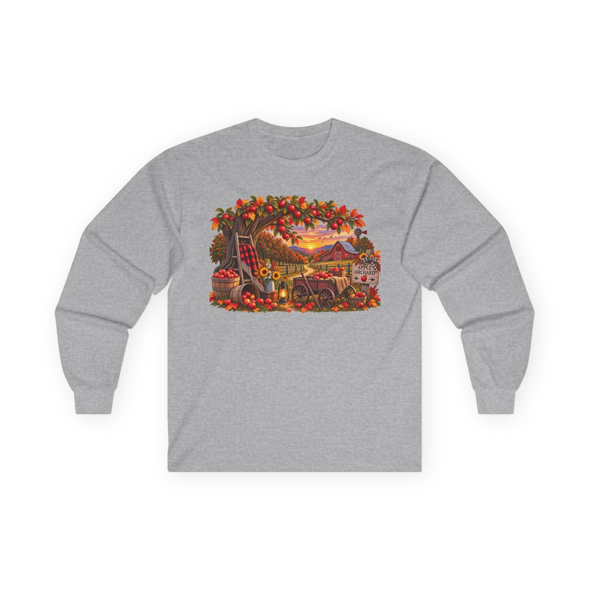 Long Sleeve Tee — Autumn Harvest Scenic Cabin with Pumpkins & Lanterns