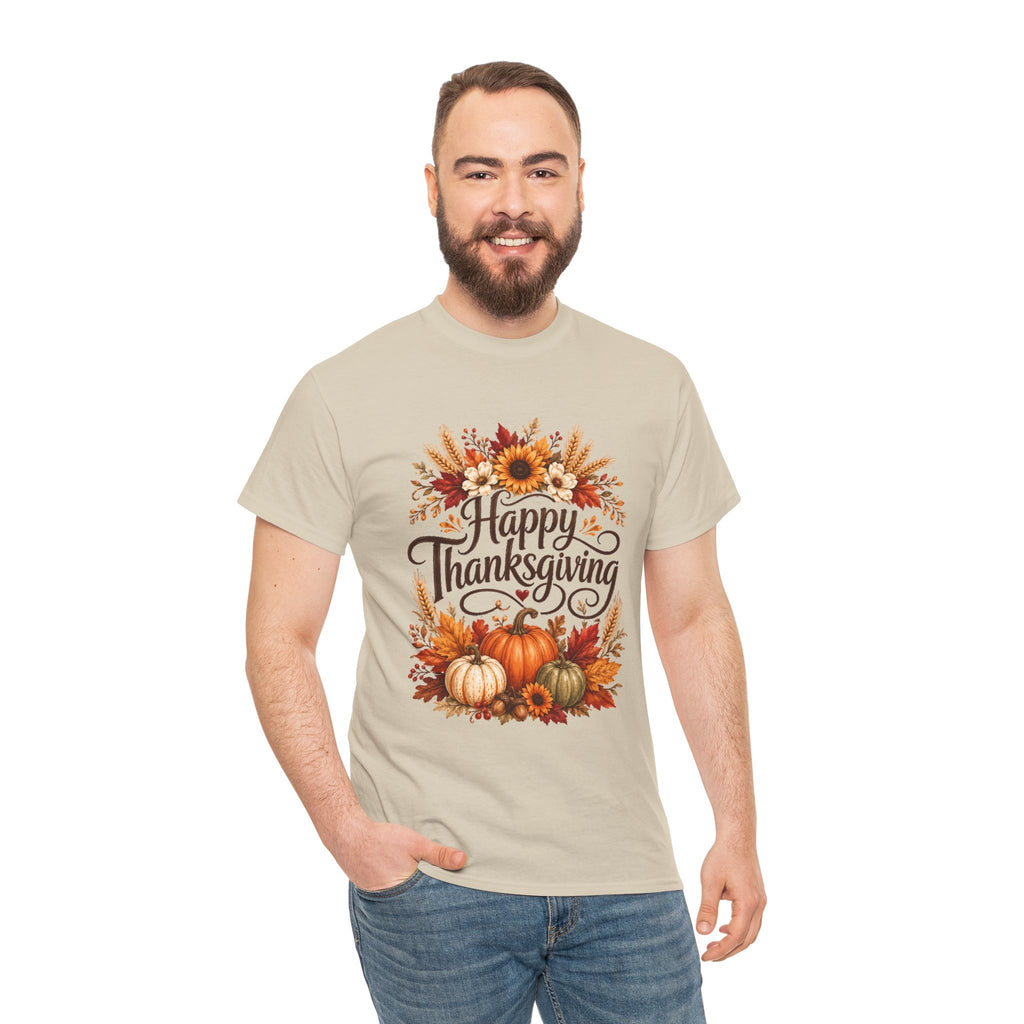 Happy Thanksgiving Tee — Pumpkin & Sunflower Fall Holiday Shirt