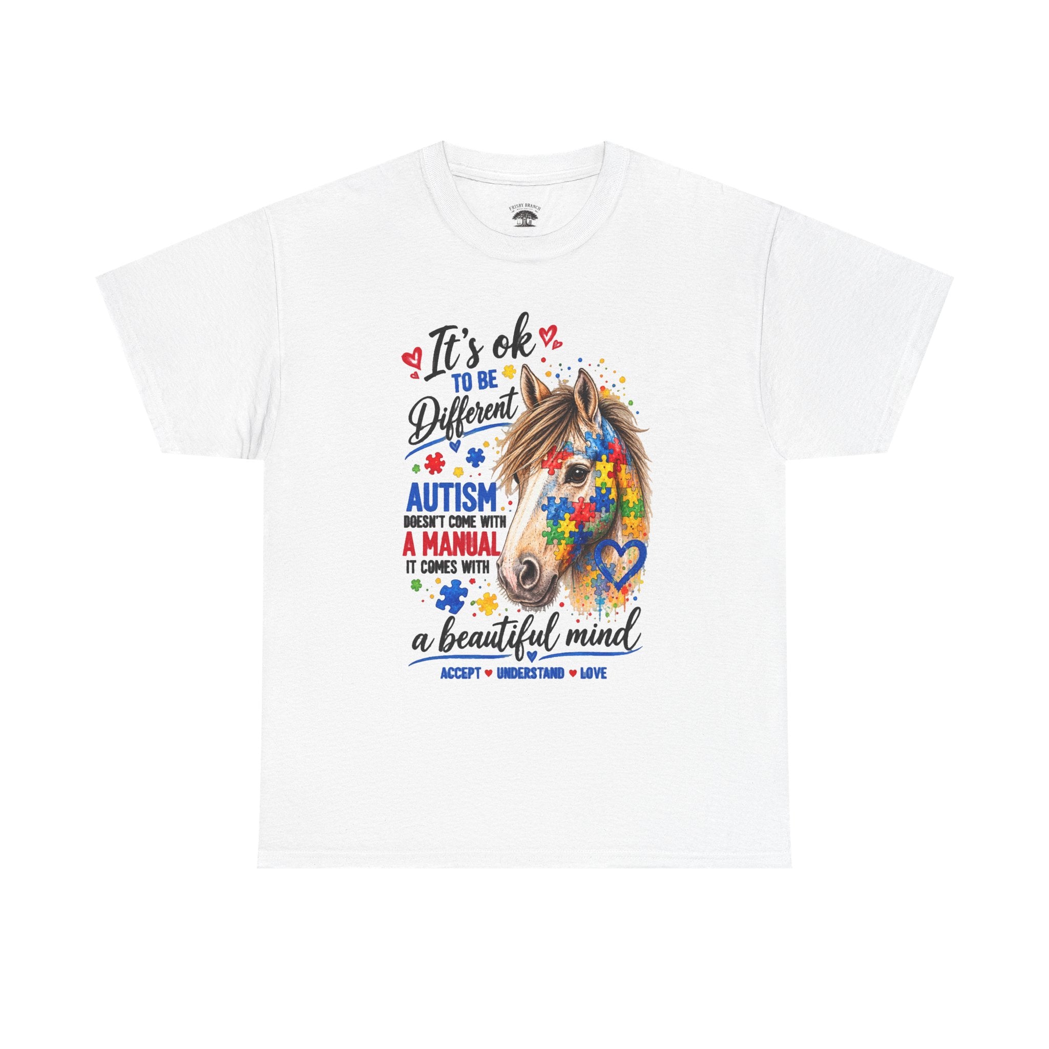 Autism Awareness Horse T-Shirt — "It's OK to Be Different" Puzzle Heart Tee