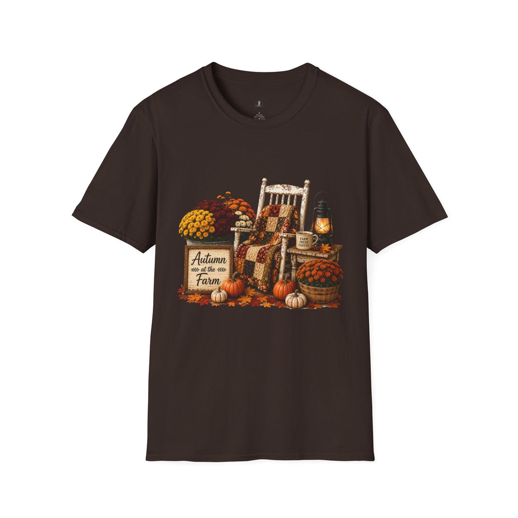 Fall Farmhouse Chair T‑Shirt — Autumn Pumpkins, Quilted Chair & Lantern Tee