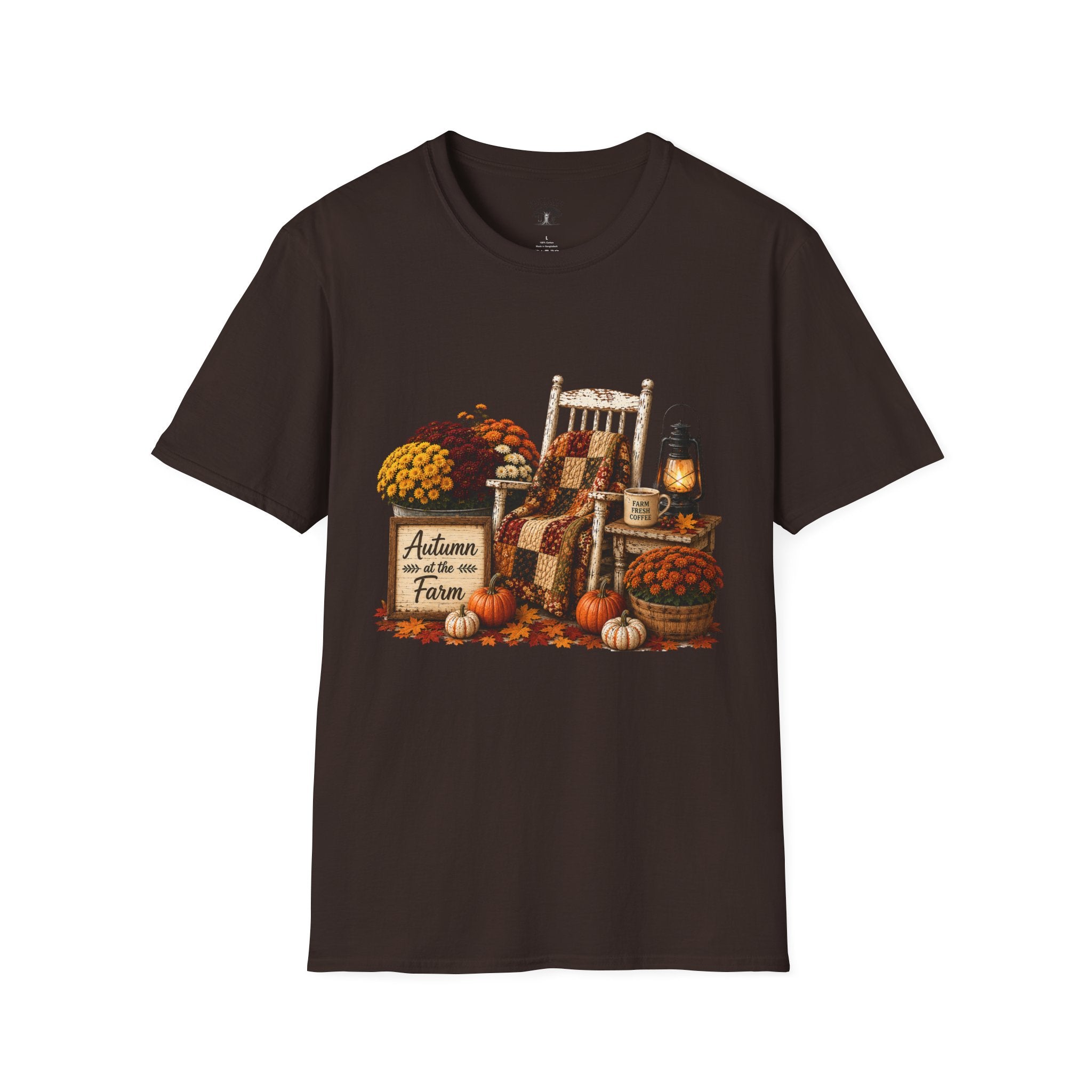 Fall Farmhouse Chair T‑Shirt — Autumn Pumpkins, Quilted Chair & Lantern Tee
