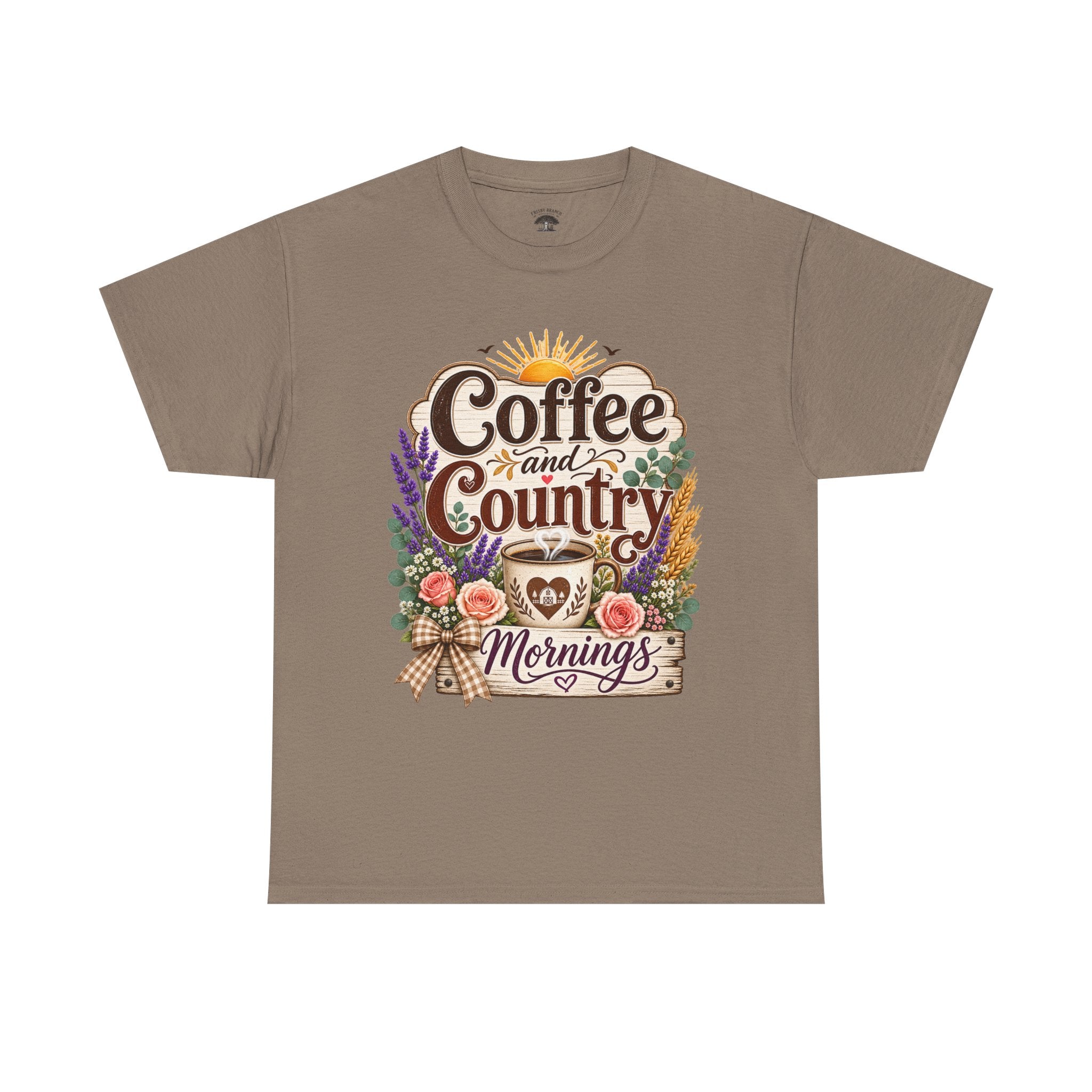 Coffee and Country Mornings Tee — Rustic Floral Coffee Lover Shirt