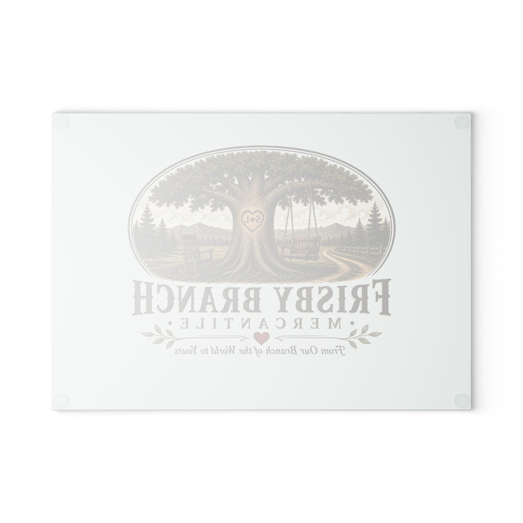 Frisby Branch Mercantile Glass Cutting Board — Rustic Tree Logo Kitchen Decor