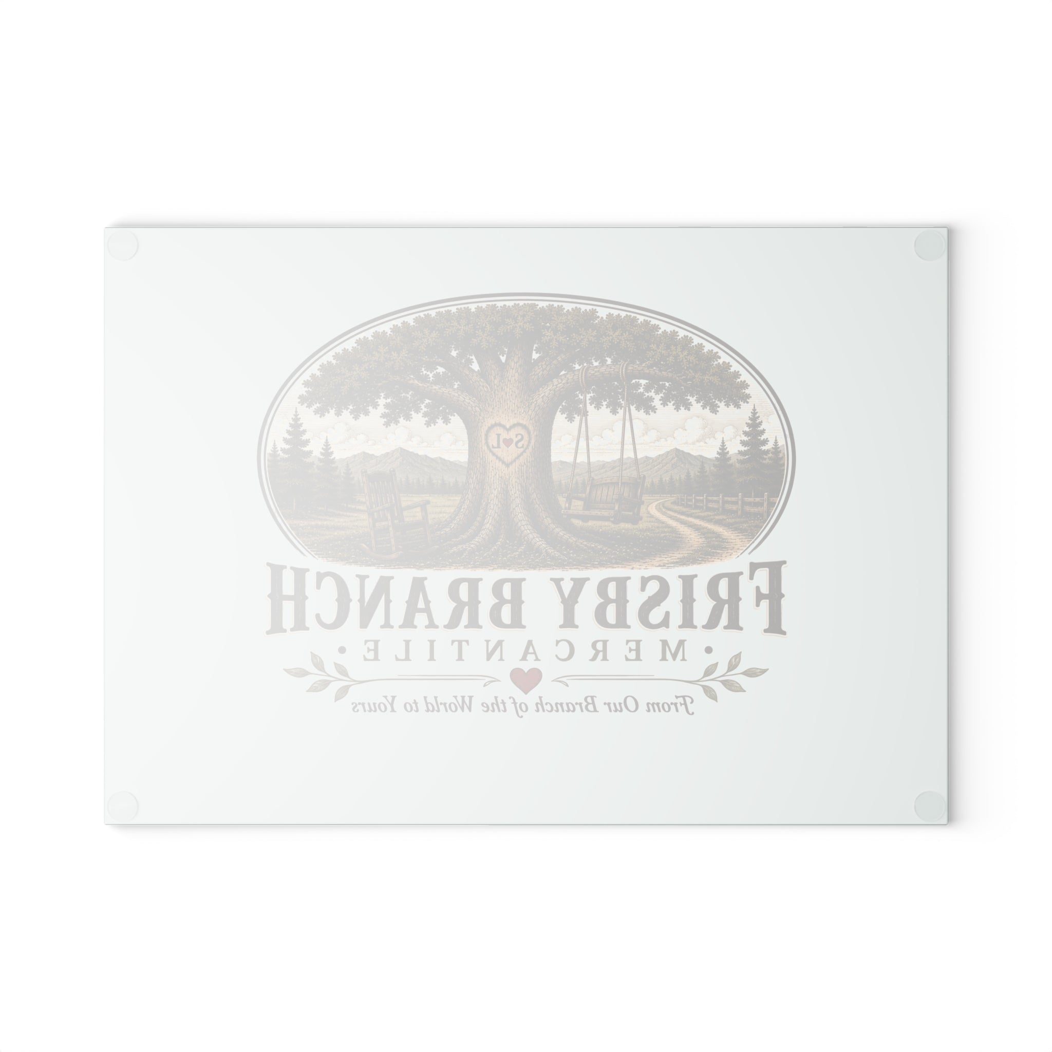Frisby Branch Mercantile Glass Cutting Board — Rustic Tree Logo Kitchen Decor