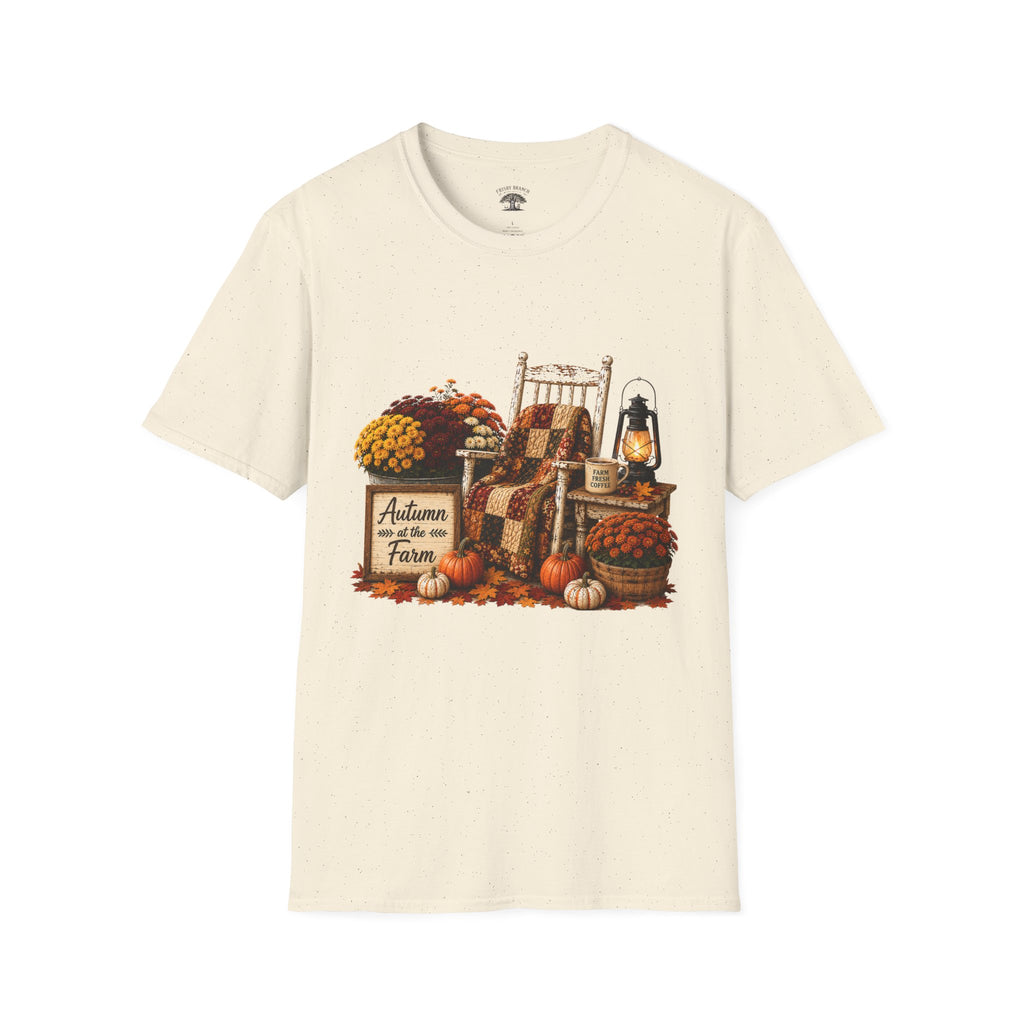 Fall Farmhouse Chair T‑Shirt — Autumn Pumpkins, Quilted Chair & Lantern Tee