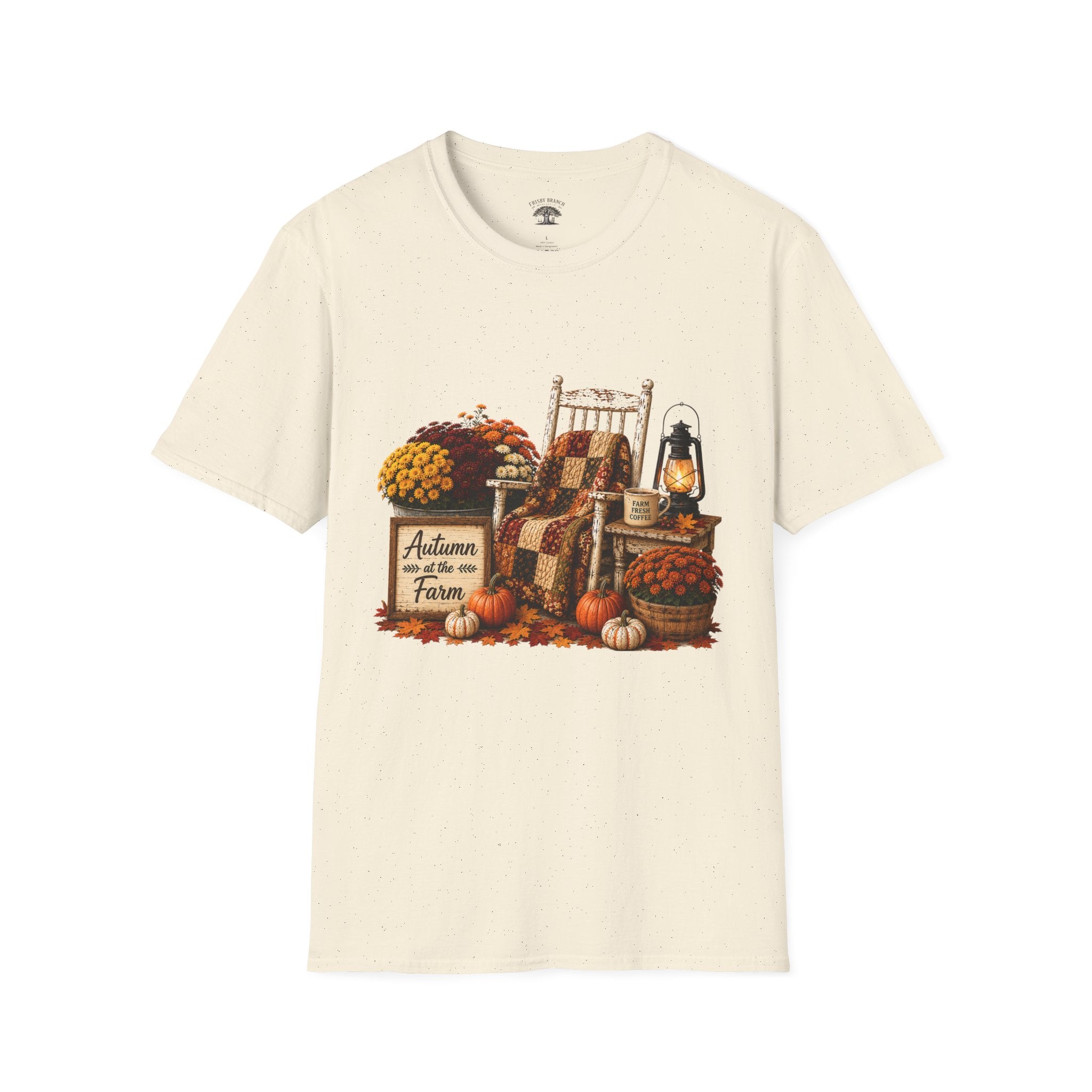 Fall Farmhouse Chair T‑Shirt — Autumn Pumpkins, Quilted Chair & Lantern Tee