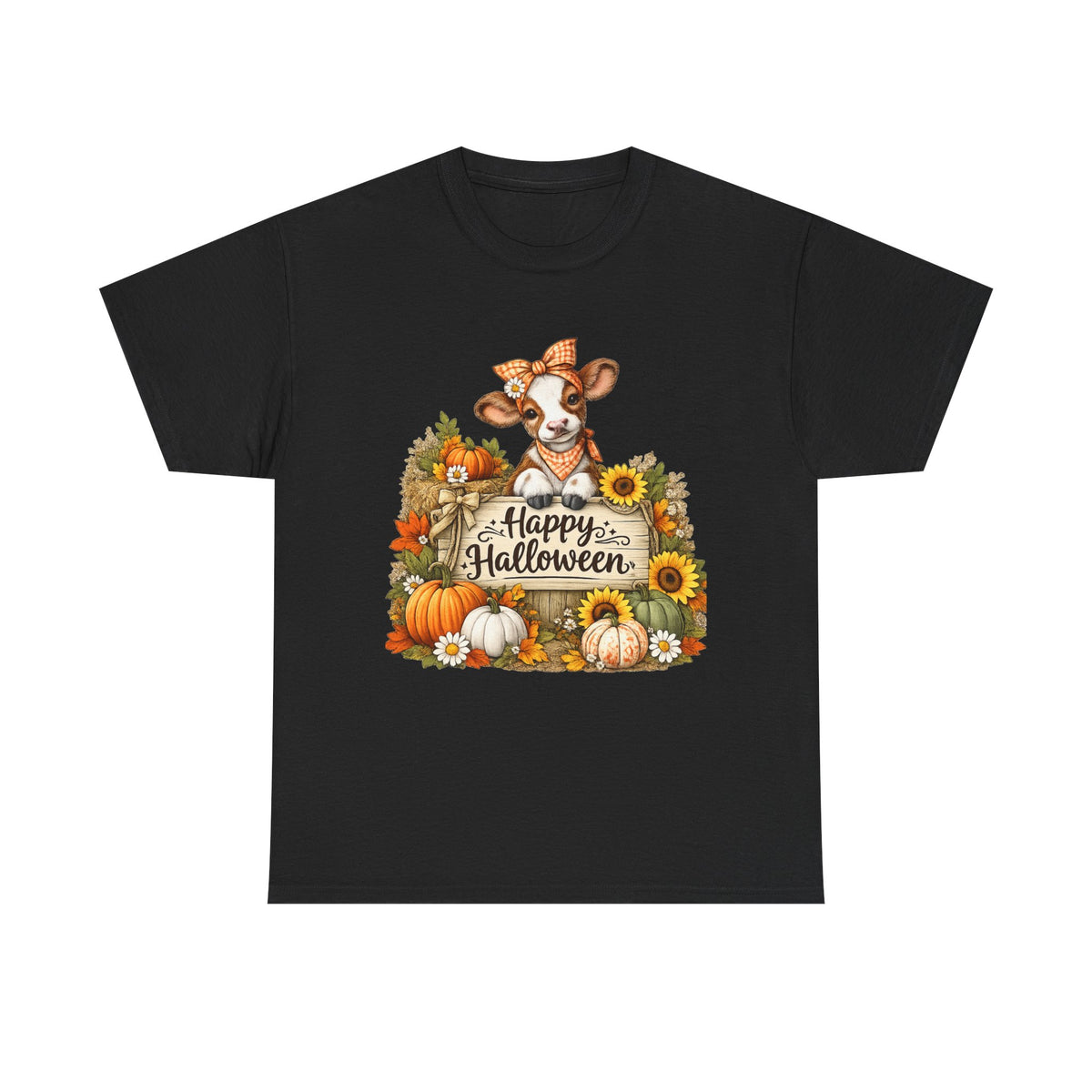 Halloween Cow T‑Shirt — Cute Cow with Pumpkins & "Happy Halloween" Fall Tee