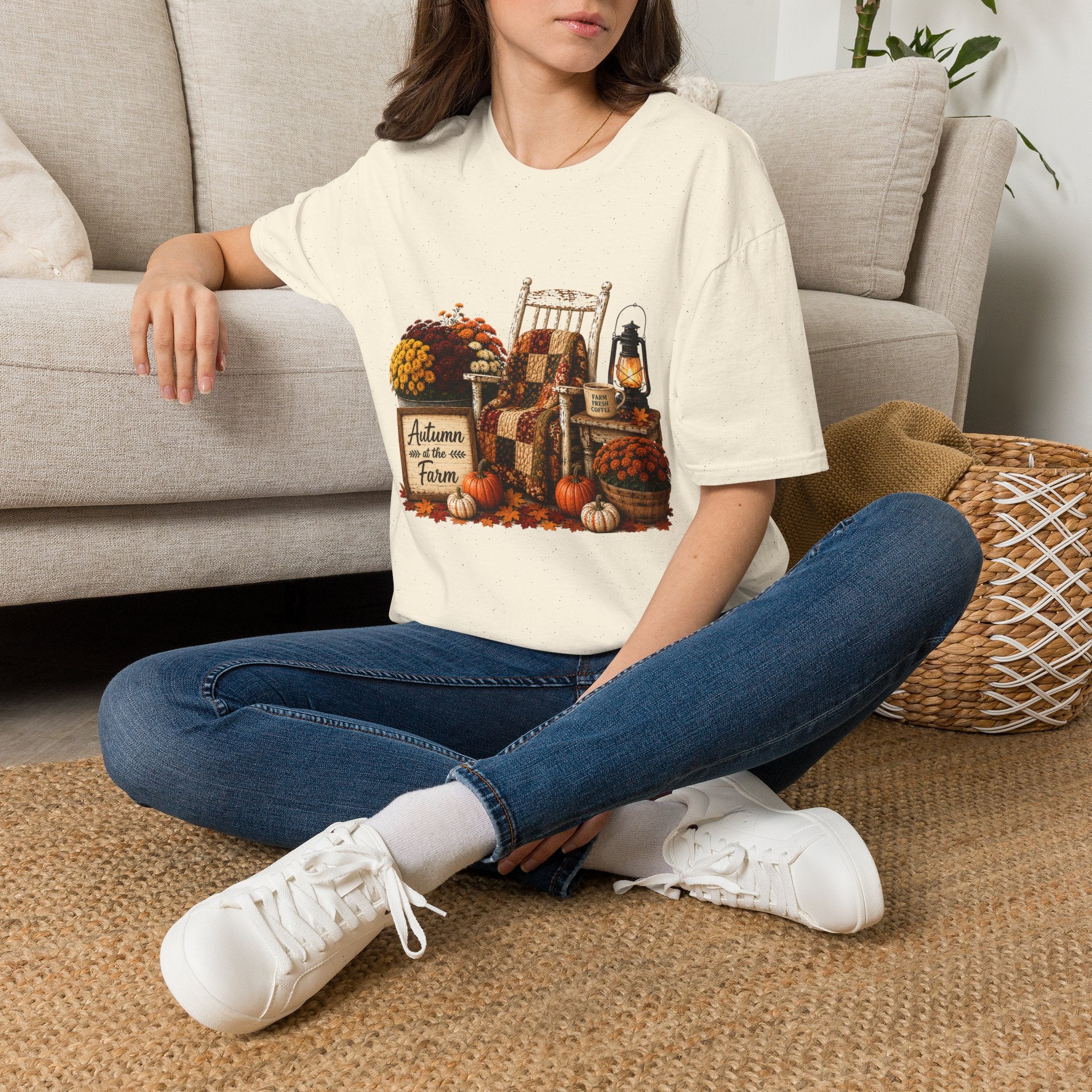 Fall Farmhouse Chair T‑Shirt — Autumn Pumpkins, Quilted Chair & Lantern Tee