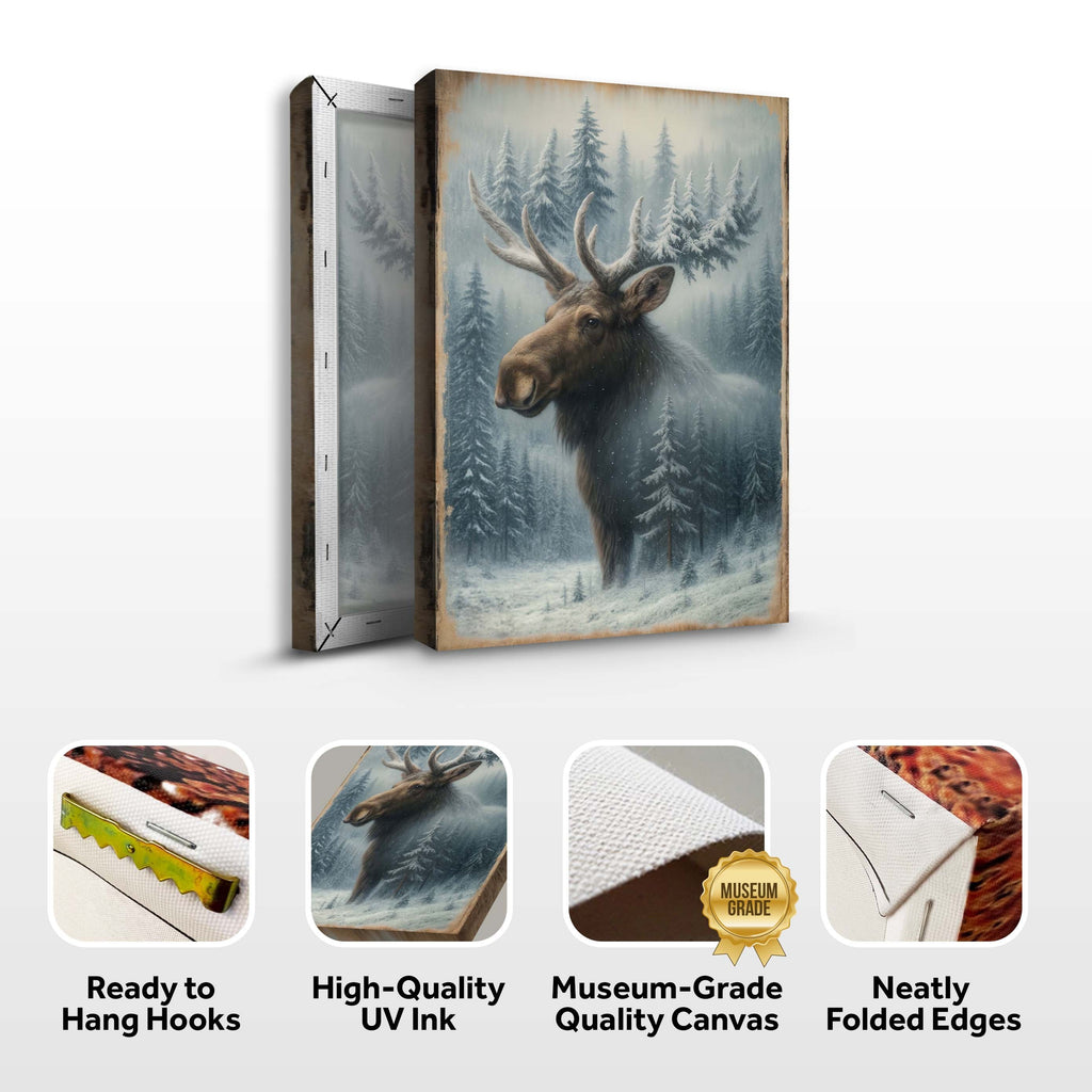 Rustic Snowy Forest Moose Canvas Wall Art