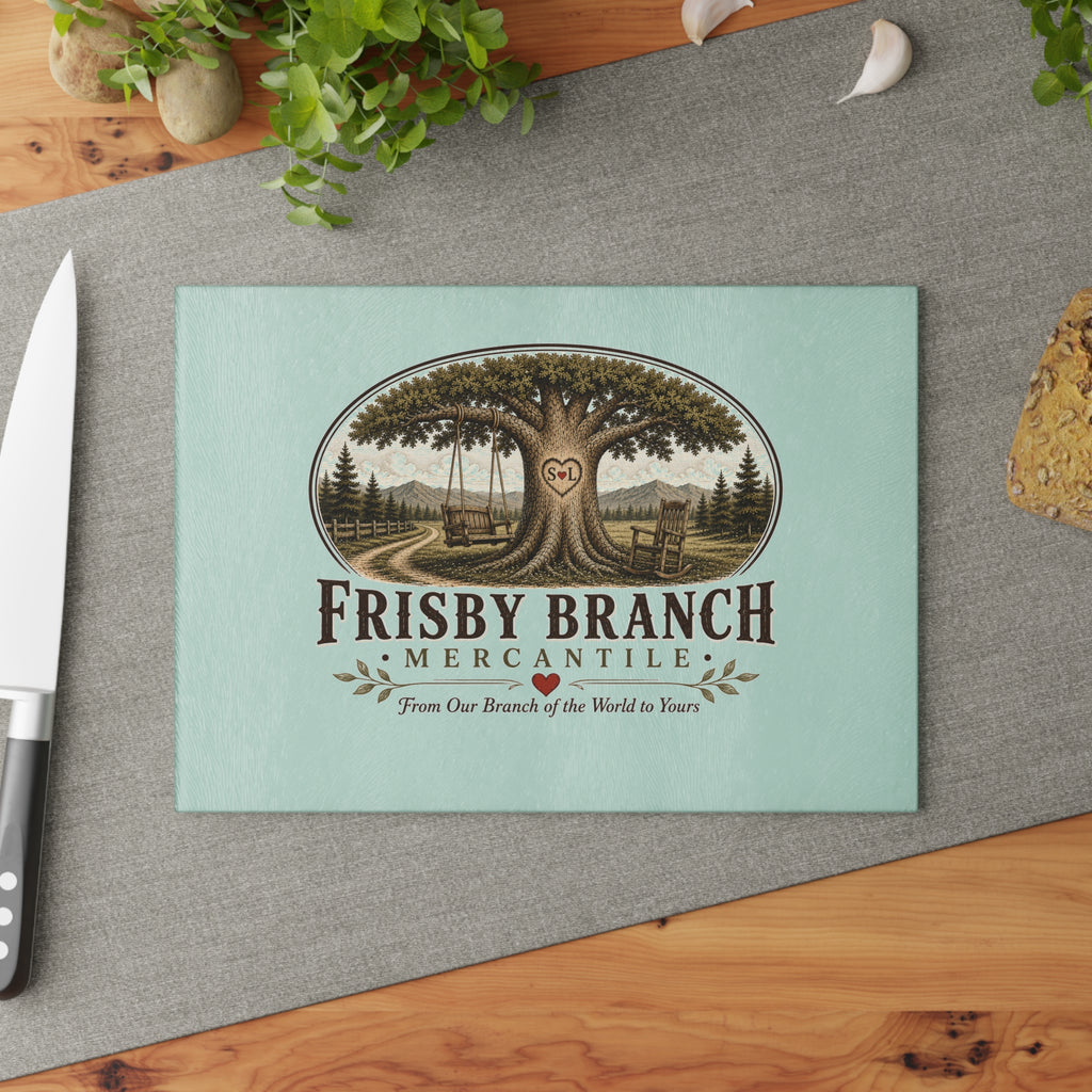 Frisby Branch Mercantile Glass Cutting Board — Rustic Tree Logo Kitchen Decor