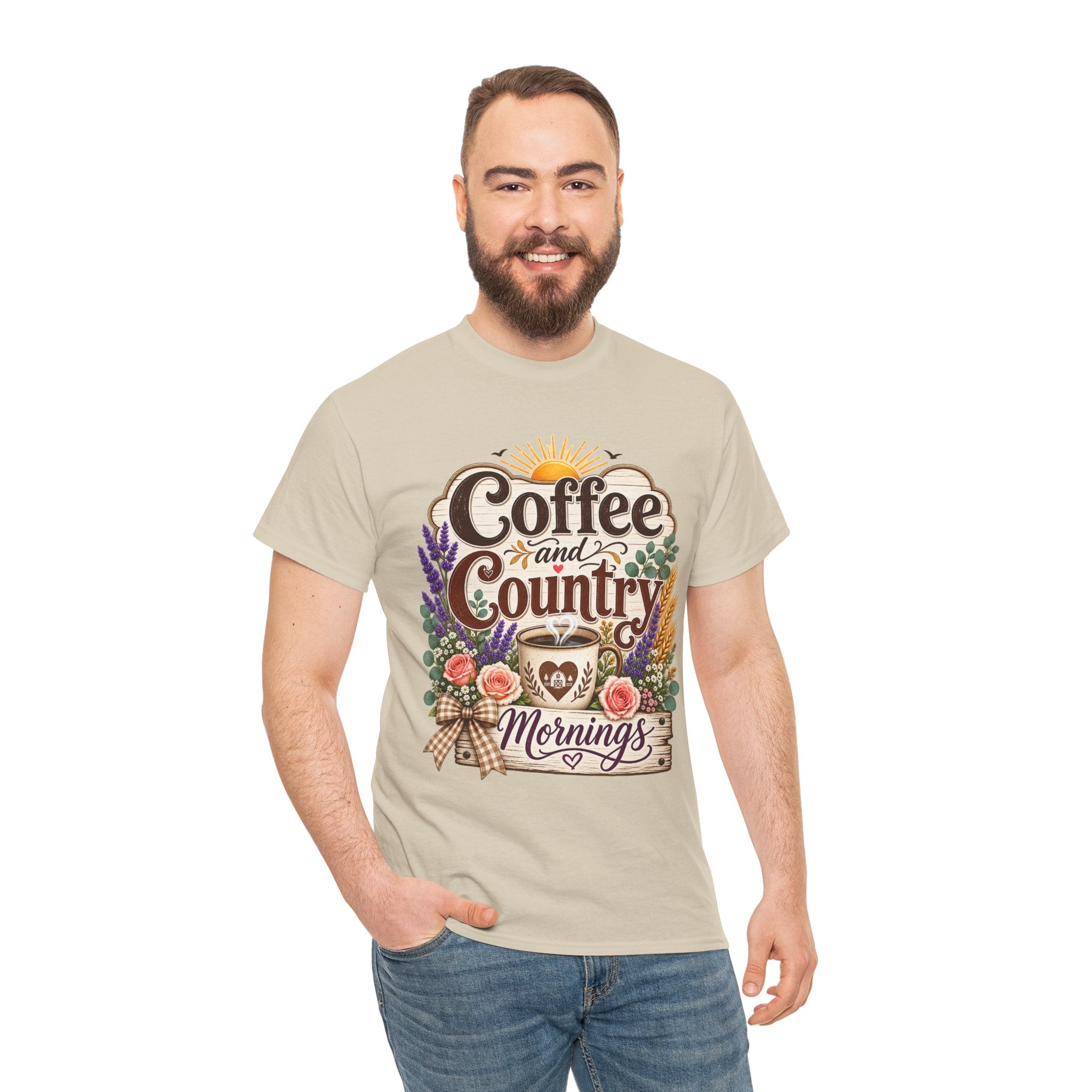 Coffee and Country Mornings Tee — Rustic Floral Coffee Lover Shirt