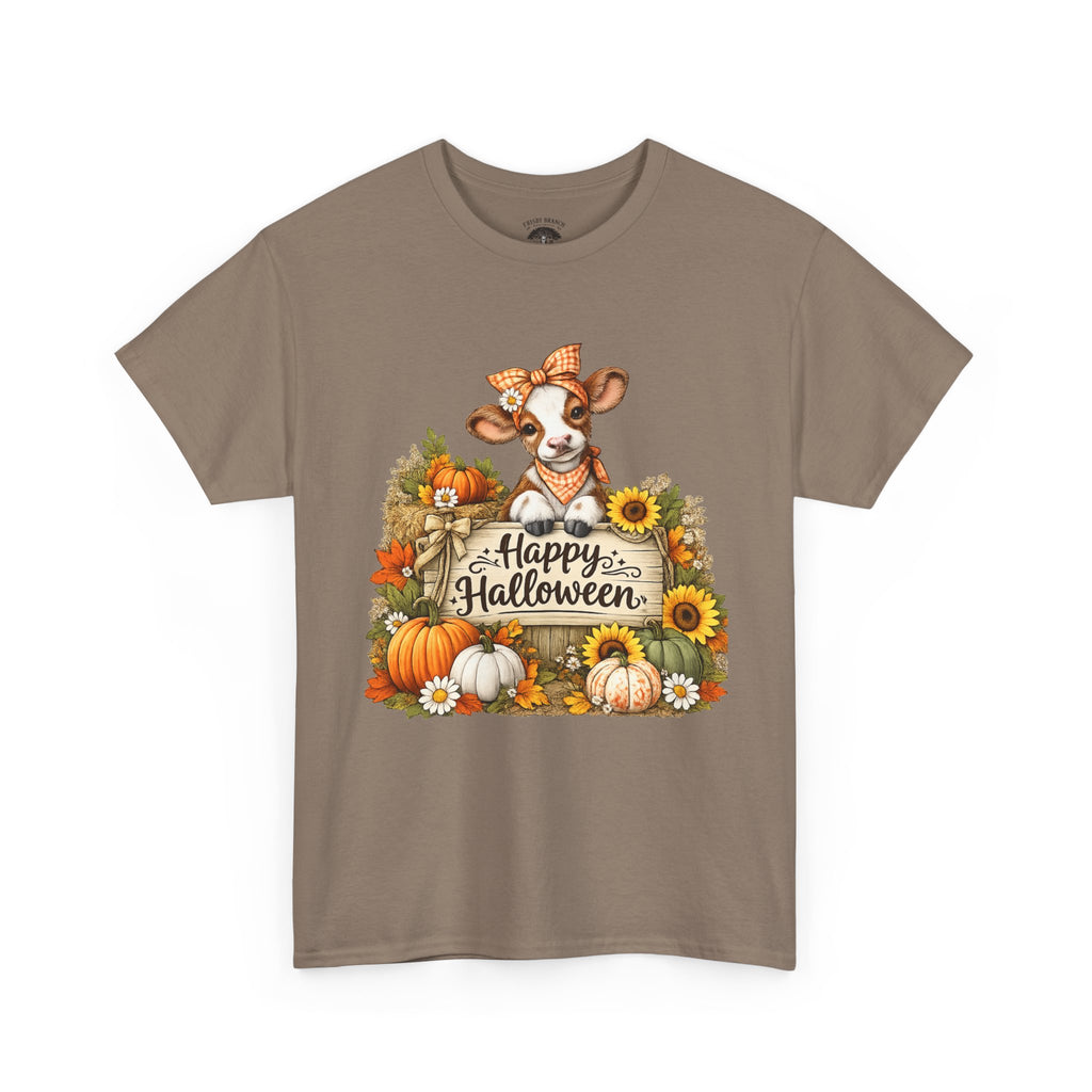 Halloween Cow T‑Shirt — Cute Cow with Pumpkins & "Happy Halloween" Fall Tee