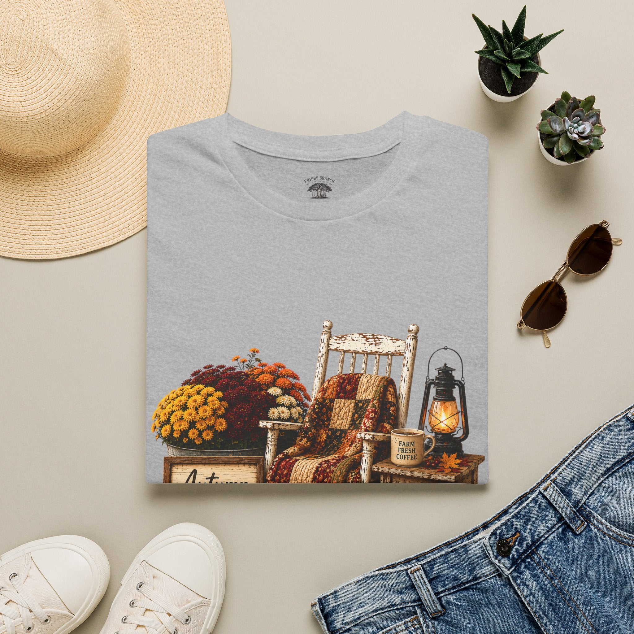 Fall Farmhouse Chair T‑Shirt — Autumn Pumpkins, Quilted Chair & Lantern Tee