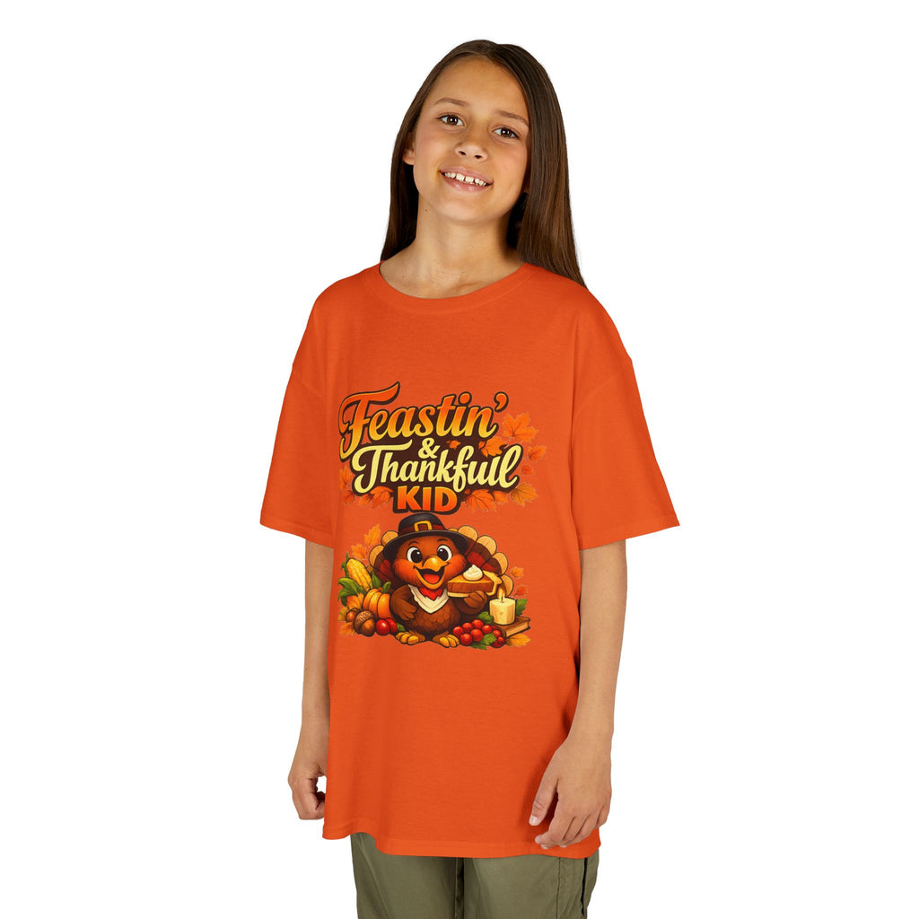 Kids Tee — "Feastin' & Thankful Kid" Thanksgiving Turkey Shirt