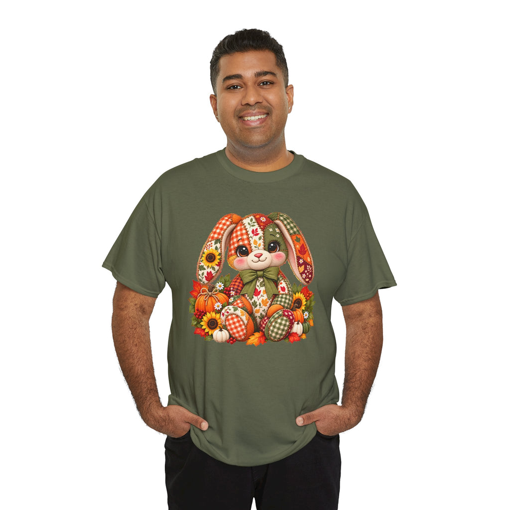 Autumn Patchwork Bunny T-Shirt — Cute Fall Bunny with Pumpkins & Sunflowers