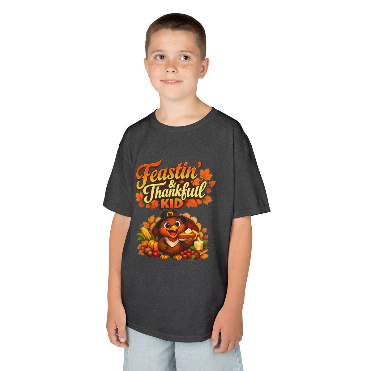 Kids Tee — "Feastin' & Thankful Kid" Thanksgiving Turkey Shirt