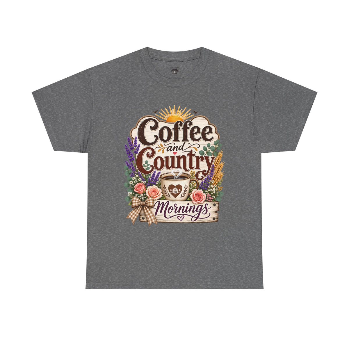 Coffee and Country Mornings Tee — Rustic Floral Coffee Lover Shirt