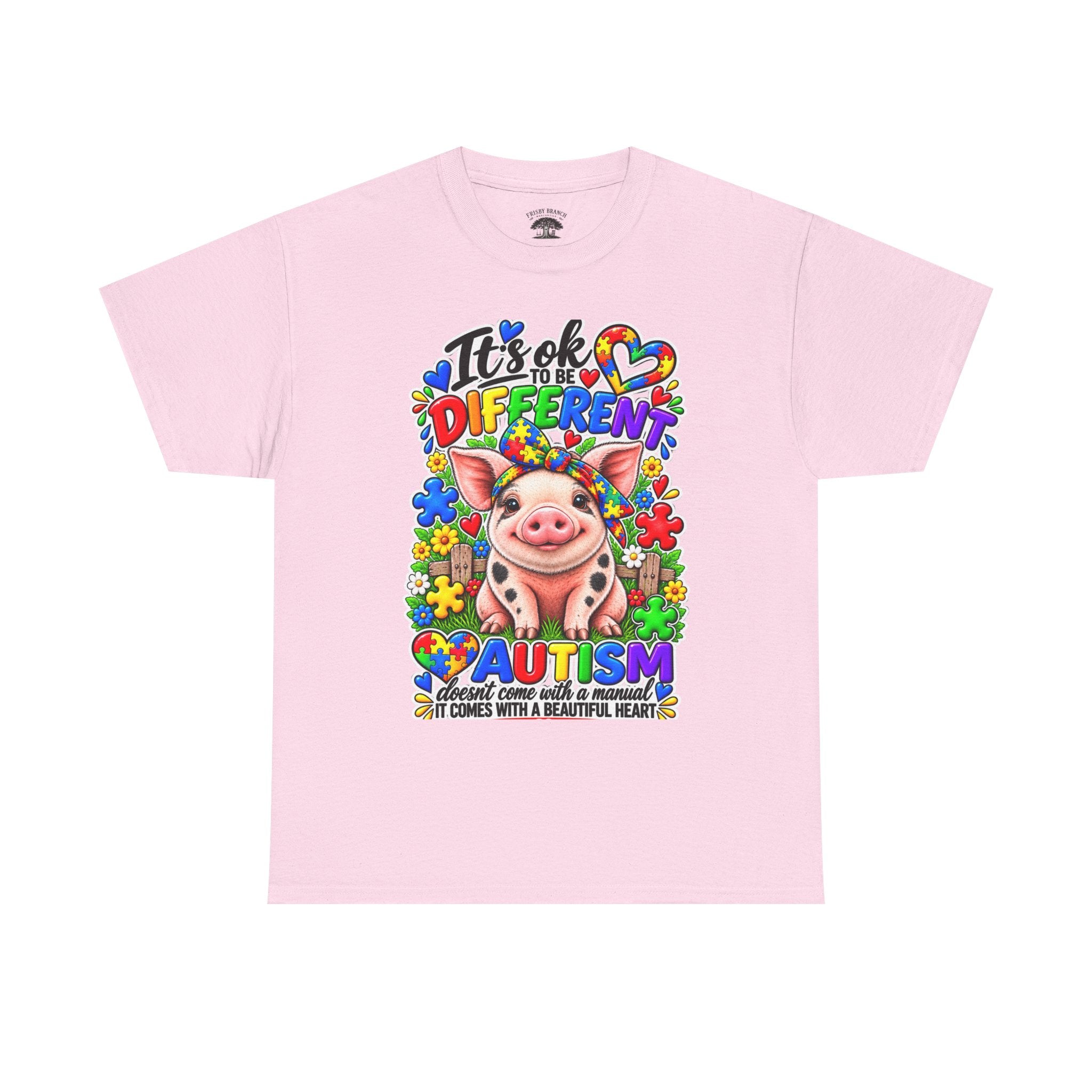 Autism Awareness Pig T-Shirt – "It's OK to Be Different" Colorful Puzzle Tee