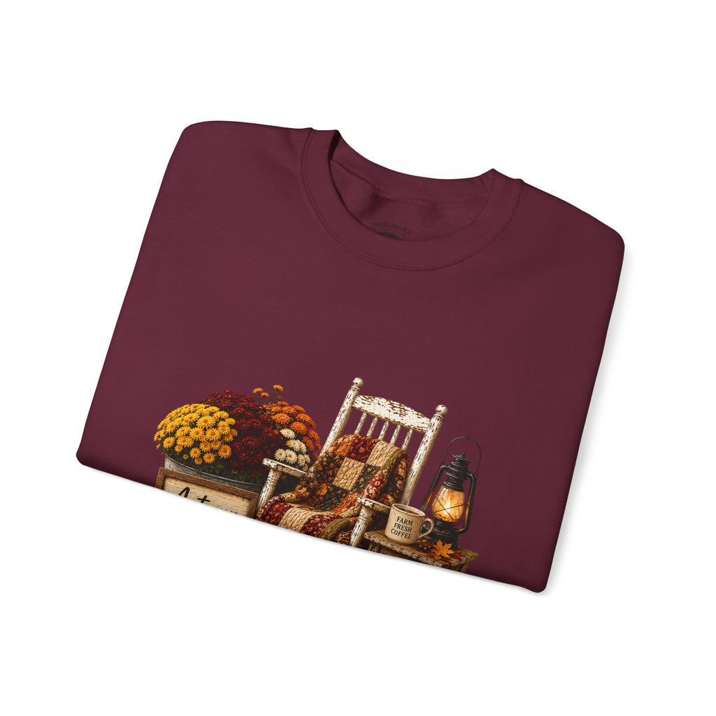 Autumn on the Farm Crewneck Sweatshirt — Fall Pumpkin & Mums Cozy Graphic