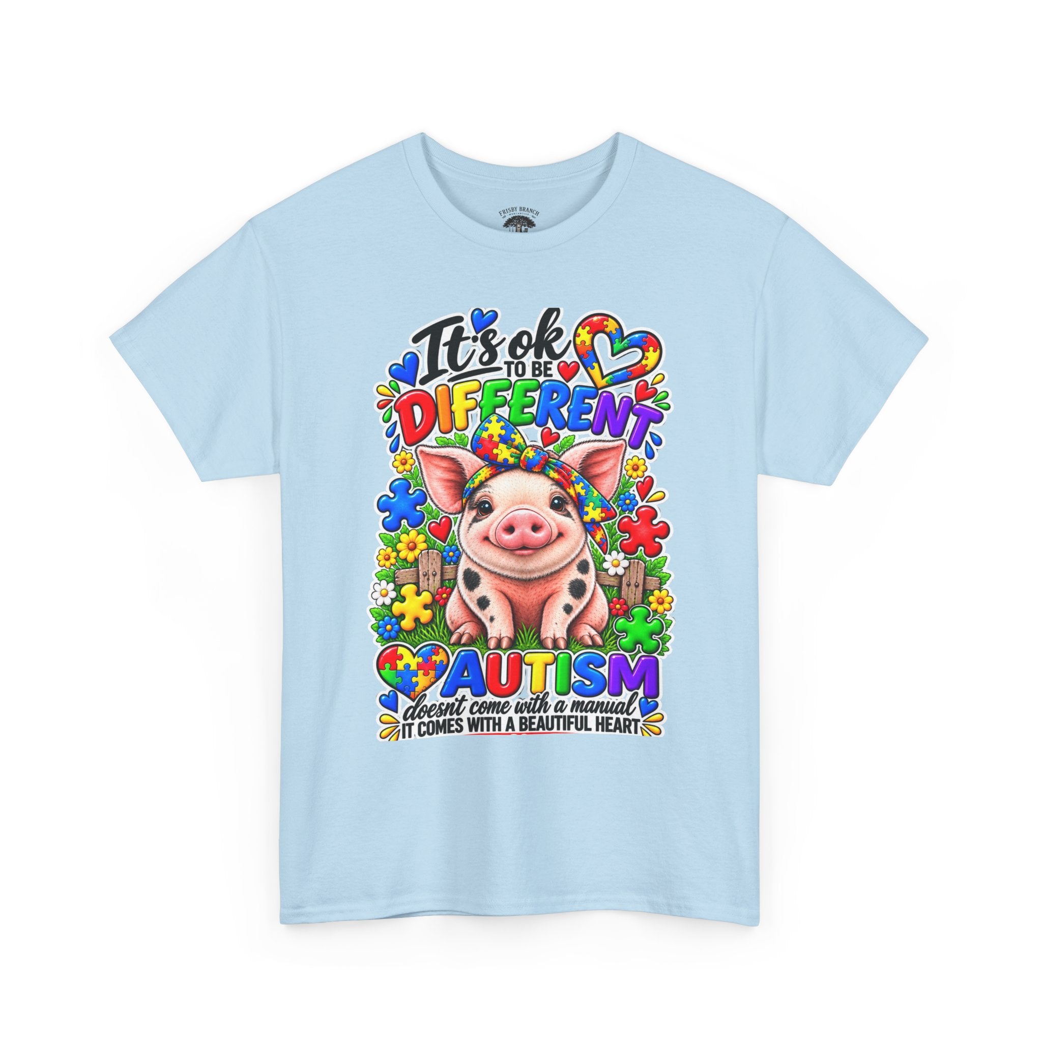 Autism Awareness Pig T-Shirt – "It's OK to Be Different" Colorful Puzzle Tee