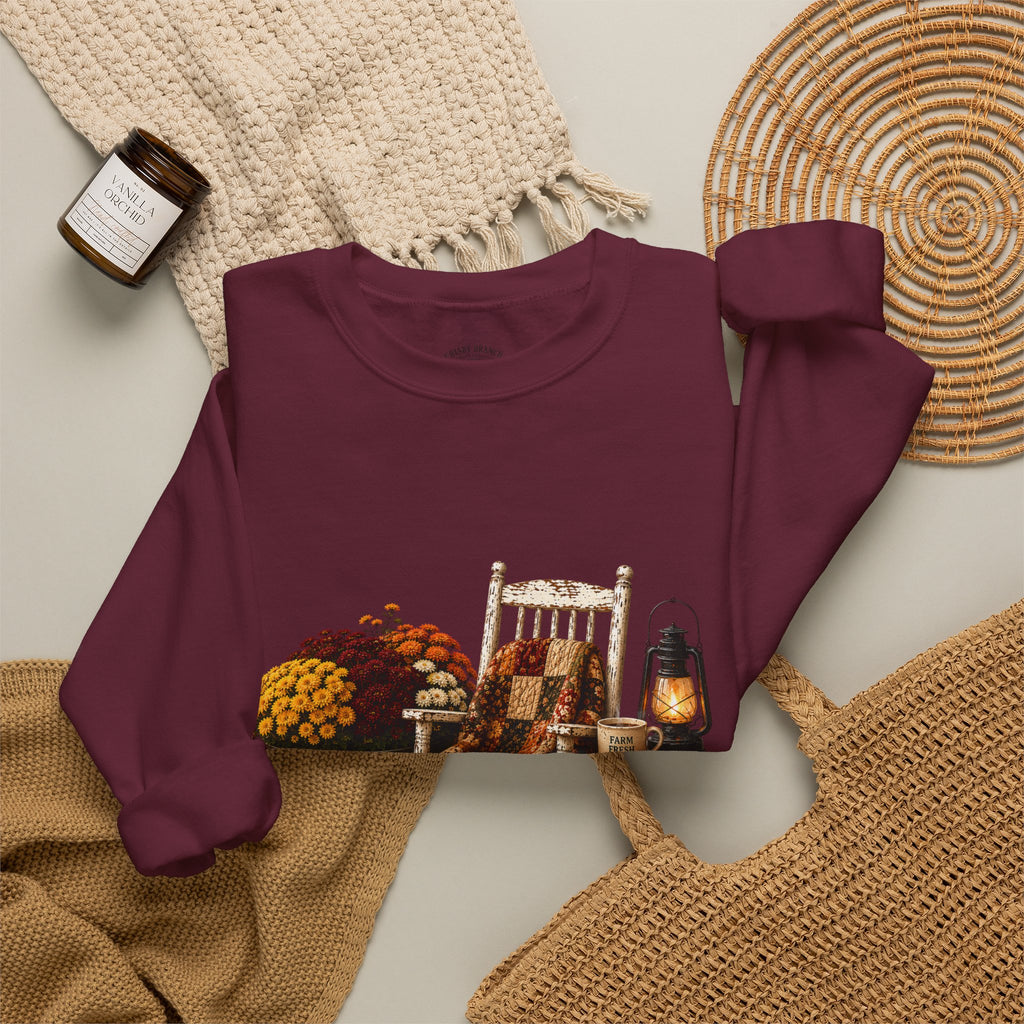 Autumn on the Farm Crewneck Sweatshirt — Fall Pumpkin & Mums Cozy Graphic
