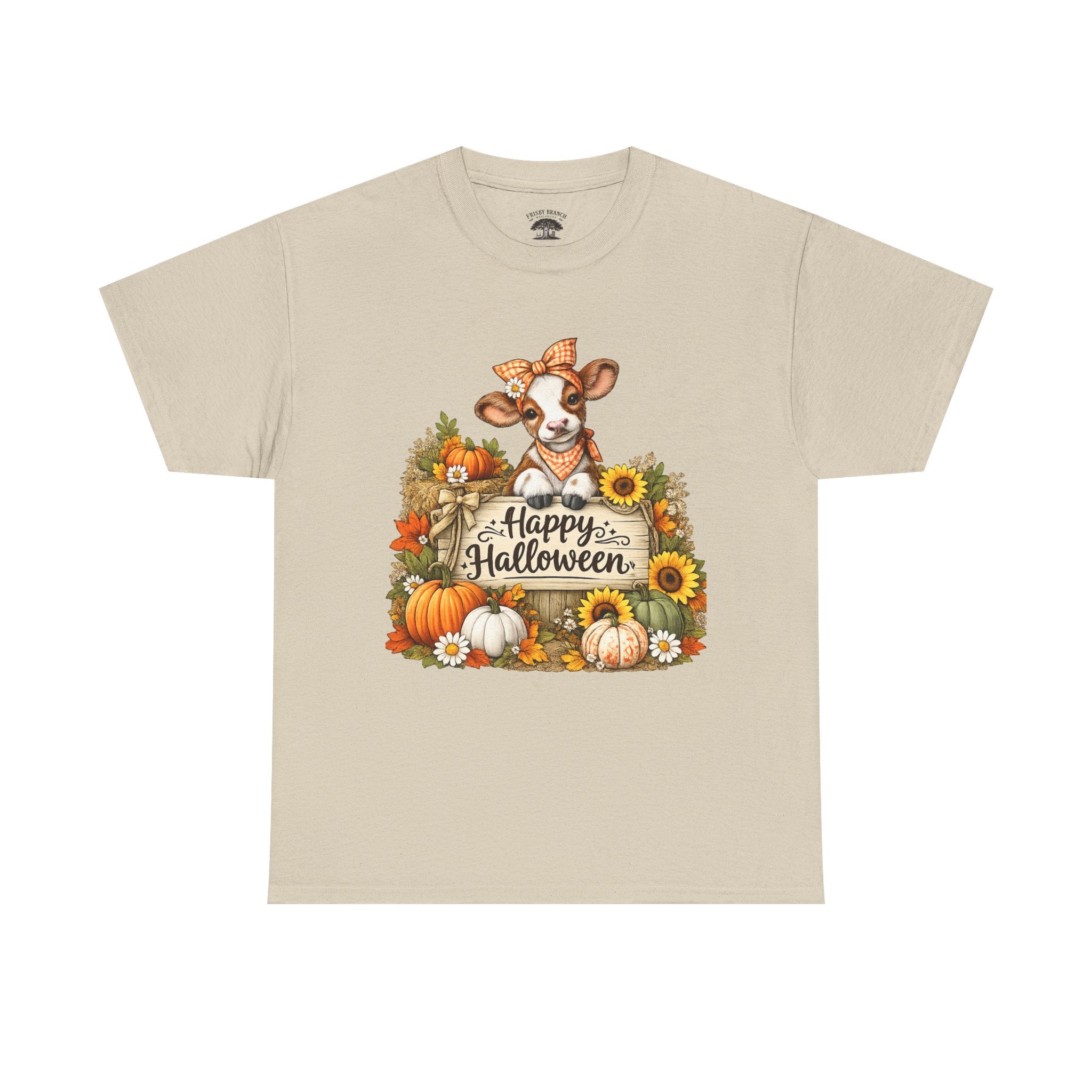 Halloween Cow T‑Shirt — Cute Cow with Pumpkins & "Happy Halloween" Fall Tee
