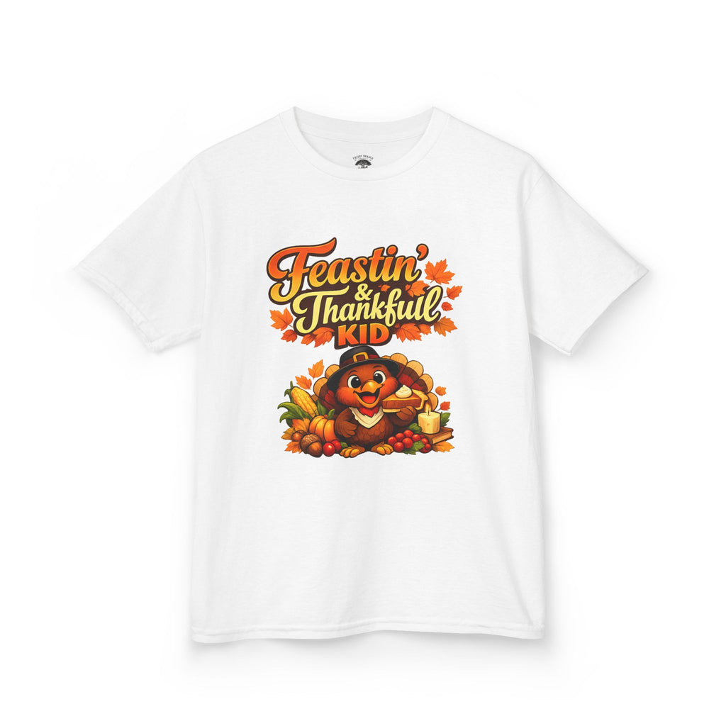 Kids Tee — "Feastin' & Thankful Kid" Thanksgiving Turkey Shirt