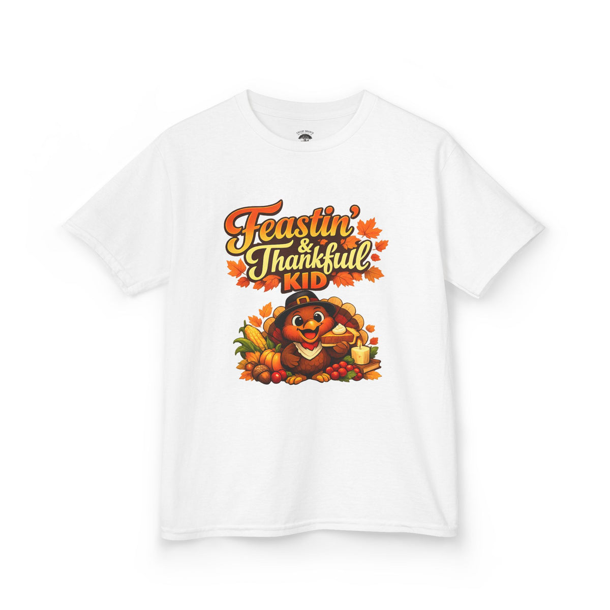 Kids Tee — "Feastin' & Thankful Kid" Thanksgiving Turkey Shirt