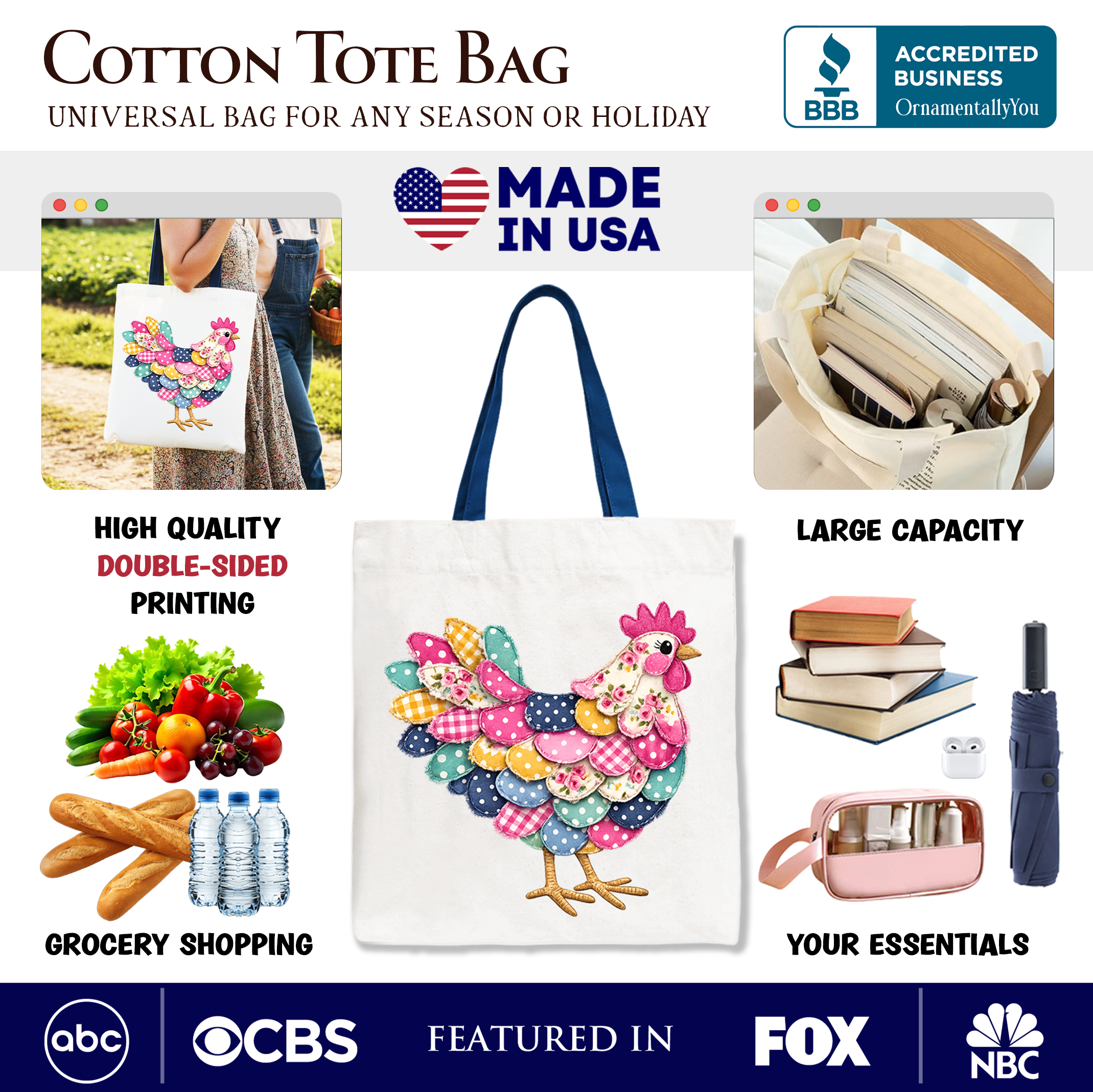 Patchwork Hen Farmhouse Tote Bag