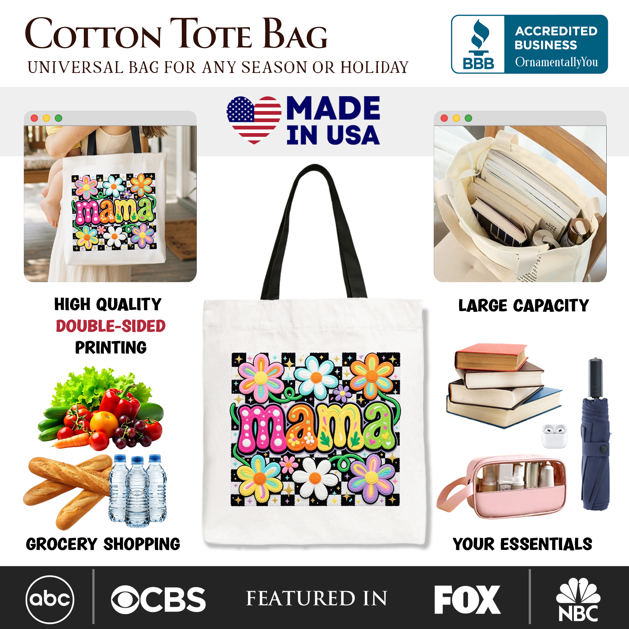 Retro Floral "Mama" Tote Bag