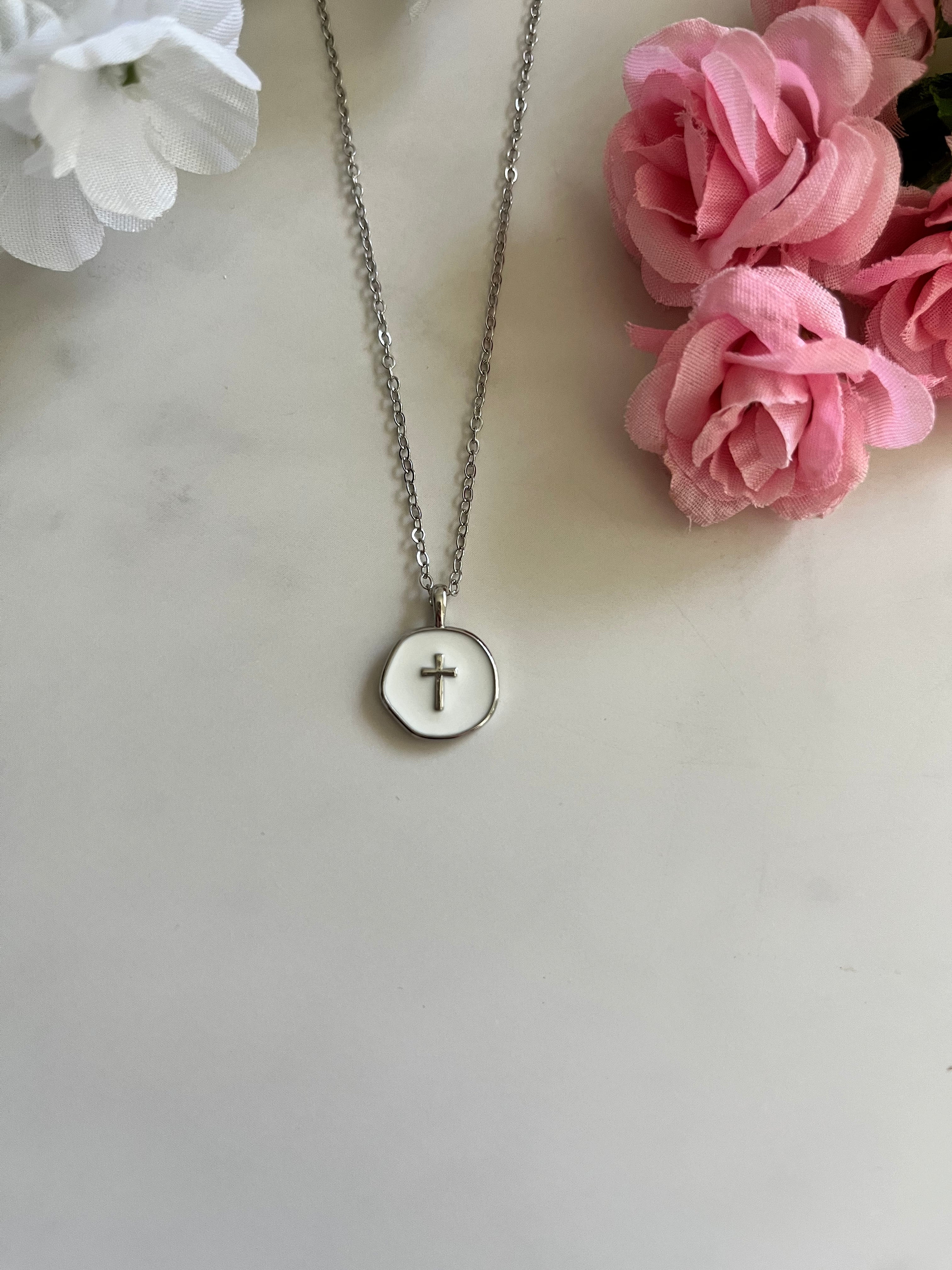 Silver Necklace White Cross Pendant - Elegant 18" Hypoallergenic Design