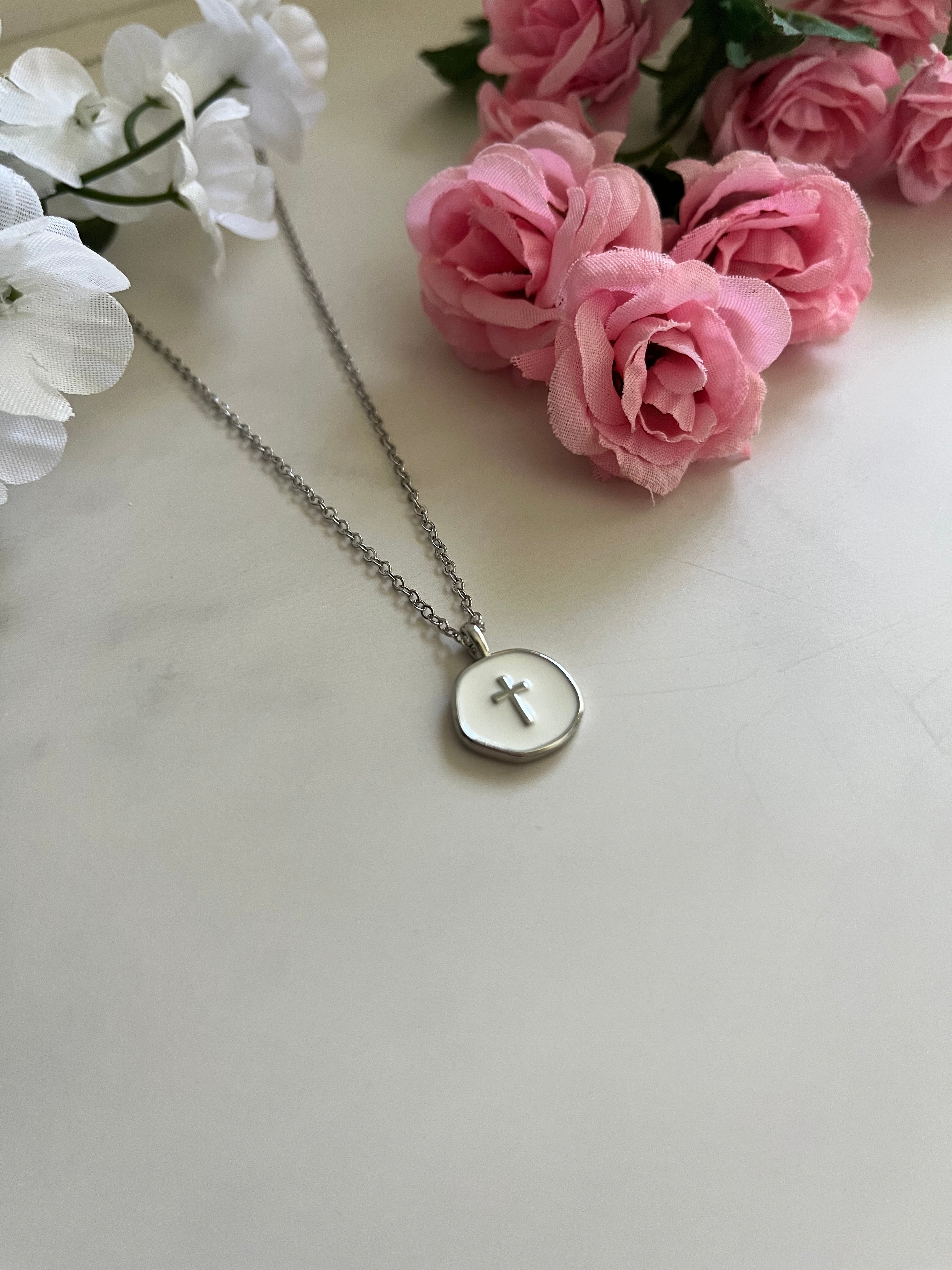 Silver Necklace White Cross Pendant - Elegant 18" Hypoallergenic Design