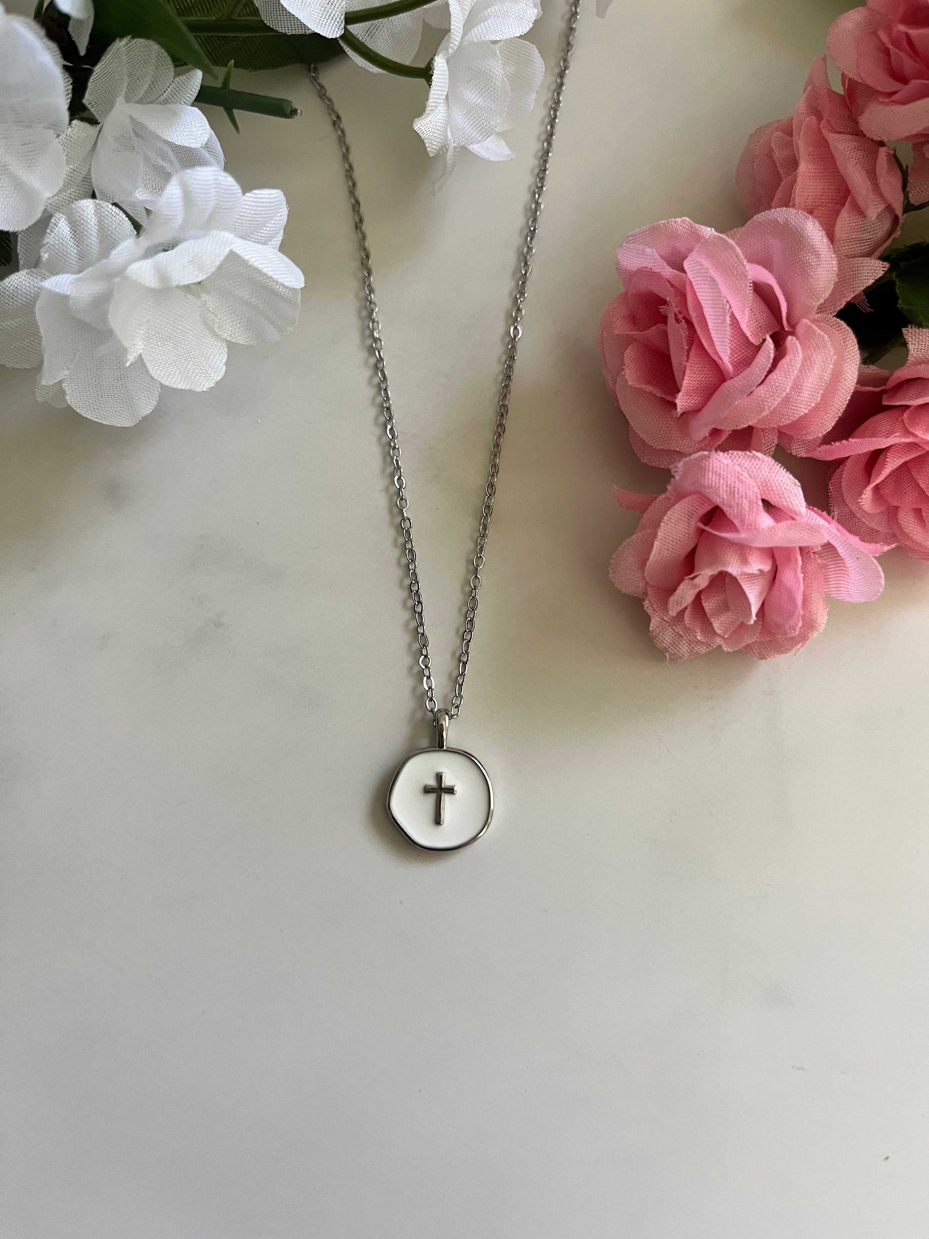 Silver Necklace White Cross Pendant - Elegant 18" Hypoallergenic Design